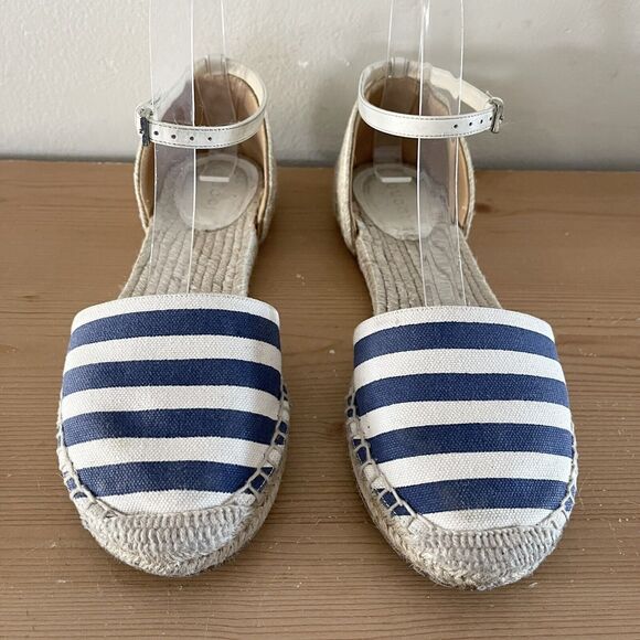 Gucci Espadrilles Flats Size 37 Canvas Striped Tan Blue Ankle Strap Shoes Dorsay - Picture 3 of 16